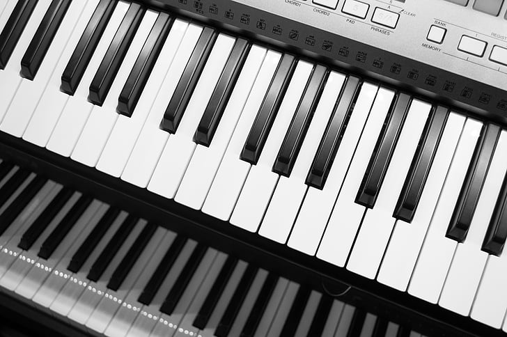 black-and-white, electronic keyboard, keys, music, musical instrument, notes