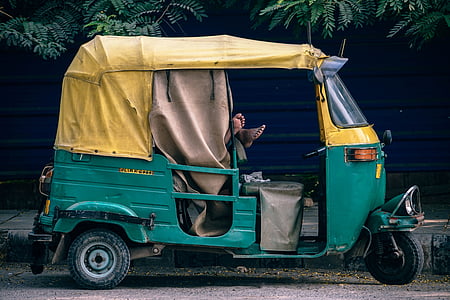 photography, yellow, green, auto, rickshaw, tricycle, vehicle