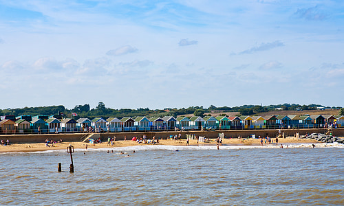 casetes de platja, al costat del mar, sorra, Mar, cel, passeig marítim, Southwold
