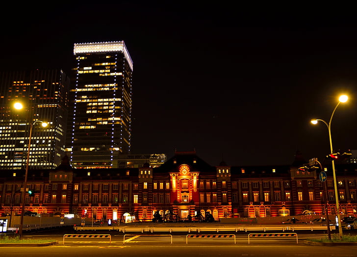 Stasiun Tokyo, pemandangan, iluminasi, malam, diterangi, adegan perkotaan, pemandangan kota