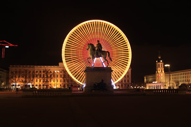 Lyon, pyörän, paikka, Place bellecour, yö, kuuluisa place, Maailmanpyörä