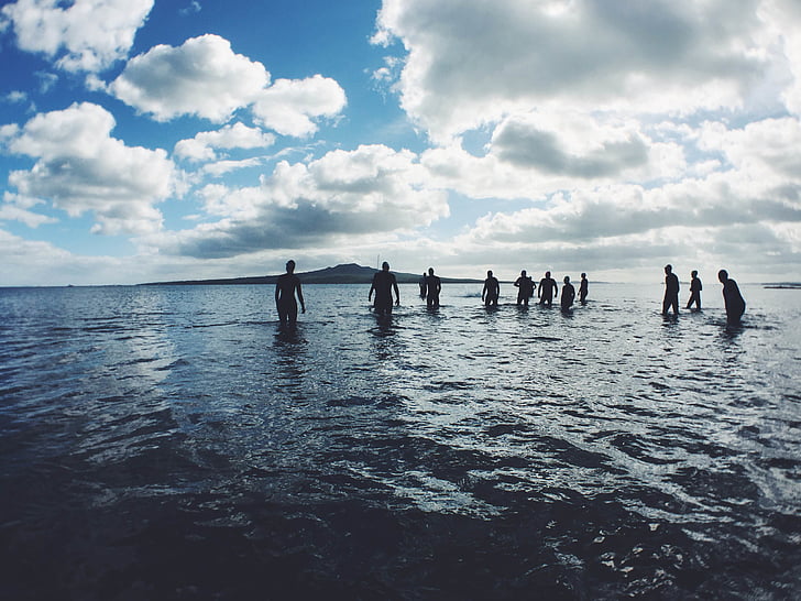 group, people, body, water, gray, clouds, blue