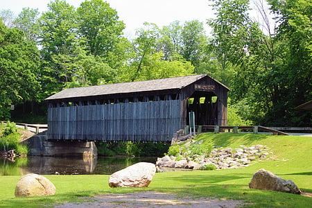 covered bridge, water, grass, nature, sky, country