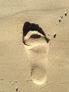 крак, отпечатък, пясък, печат, бос, силует, стъпка