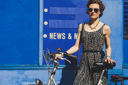 cykel, cykel, mode, kvinna, person, solglasögon, kvinna