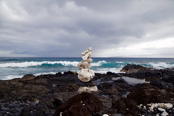 foto, Branco, equilíbrio, rocha, perto de, corpo, água