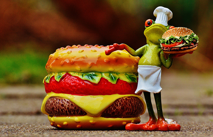 Hamburger, cheeseburger, cuisine, grenouille, drôle, alimentaire, préparation