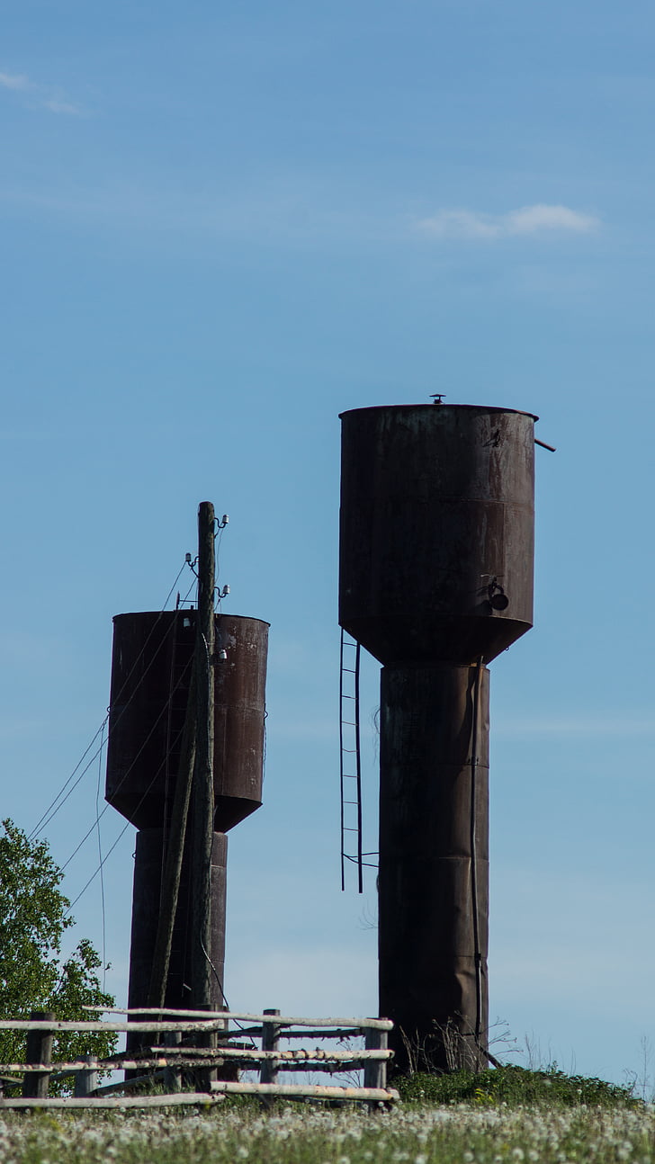water tower, barrel, water, sky, industry, blue
