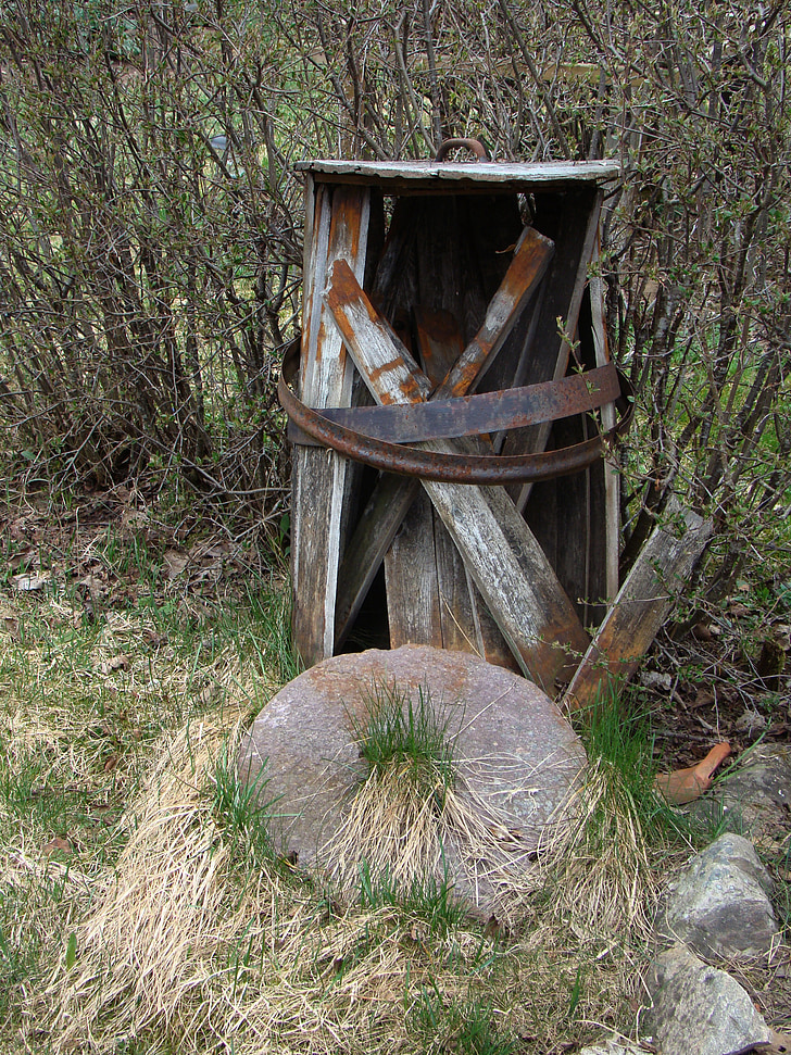 barril, vell, òxid, abandonat, pedra de moldre