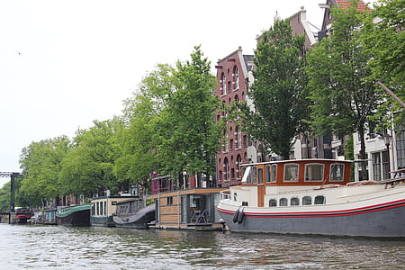 Amsterdam, Holland, Nederländerna, arkitektur, Street, Canal, nautiska fartyg