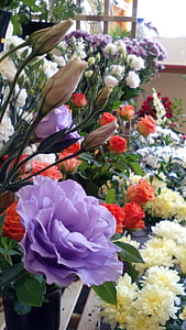 bloemenwinkel, bloemen, kleurrijke, vers, wit, paars, roze