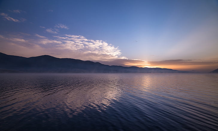 calm, body, water, near, mountain, golden, hour