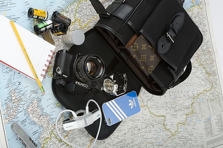 kamaera, potovanja, zemljevid, film, Contax, iPhone, Adidas