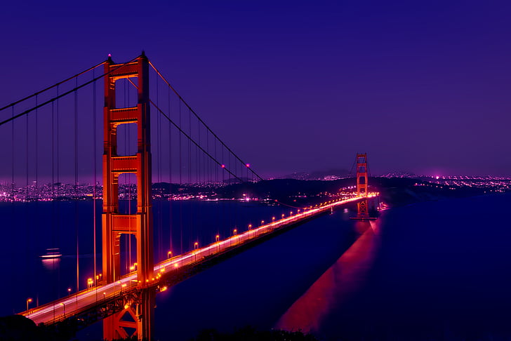 Architektura, Most, Golden gate bridge, punkt orientacyjny, światła, noc, San francisco
