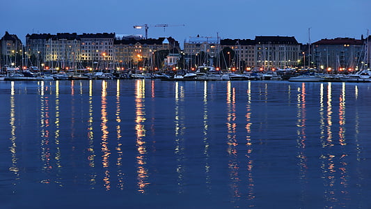 Helsinki, város, éjszaka, Finnország, finn, víz, utca-és városrészlet