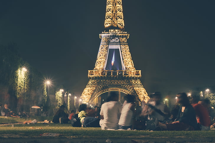 france, landmark, lights, night, paris, people, picnic