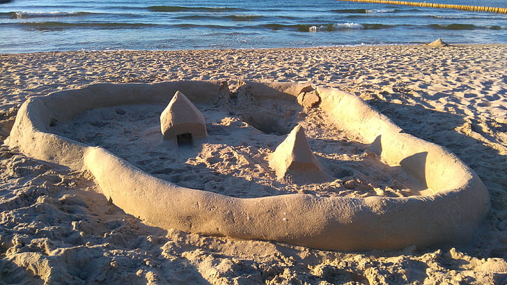 Sandburg, praia, escultura em areia, Mar Báltico, jogar, sol de noite, areia