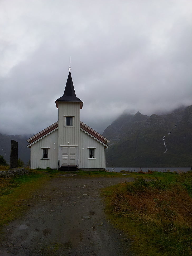 kapell, tåke, Norge, det lofoten øy, fjell