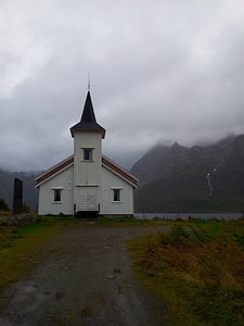 chapel, fog, norway, the lofoten islands, mountains
