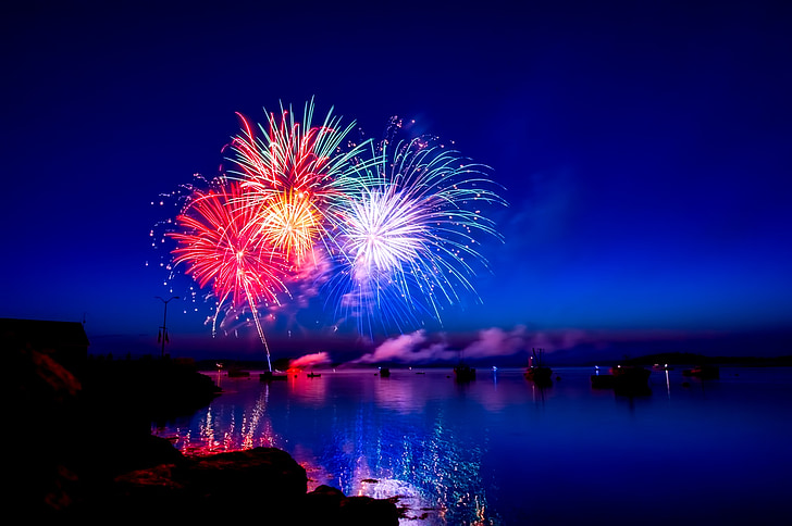 fireworks, colors, colorful, night, nighttime, boats, ships