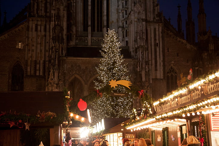 Božični sejem, jelka, božično drevo, svetlobe, razsvetljava, božič, božični okraski