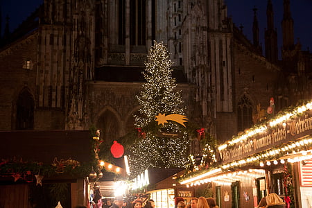 Mercatino di Natale, abete, albero di Natale, luce, illuminazione, Natale, decorazioni di Natale