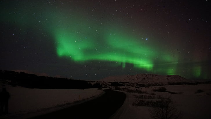 Aurora, zelená, světlo, atmosféra, obloha, hvězdy, cesta