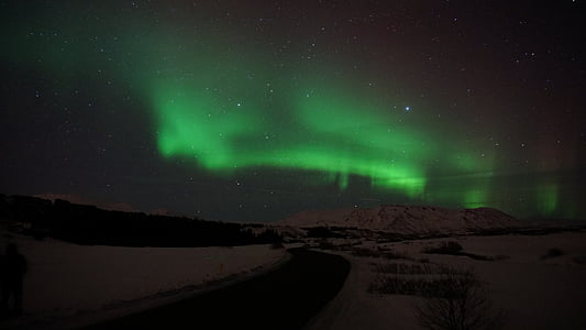 Aurora, grön, ljus, atmosfär, Sky, stjärnor, Road