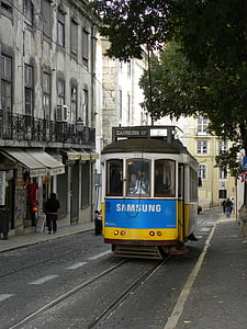 Portugália, kocsi, villamos, város, építészet, sínek