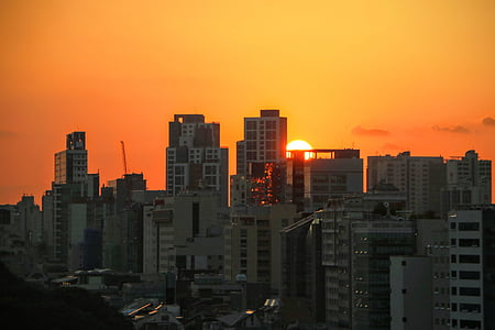 Seül, posta de sol, edificis, ciutat, horitzó