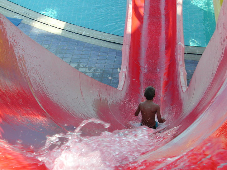 diapositiva, relliscada, nen relliscades, Parc aquàtic, piscina