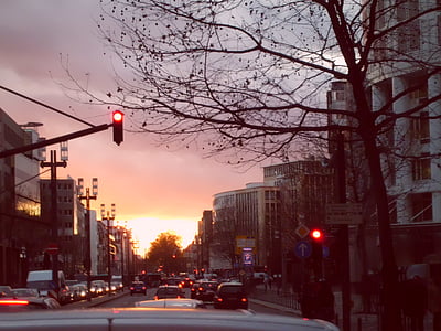 sunset, street, cars