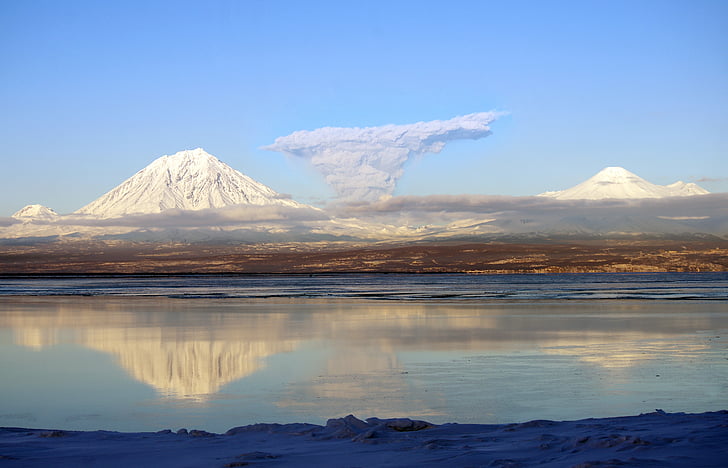 volcanoes, the eruption, a plume of ash, bay, reflection, winter, sunset