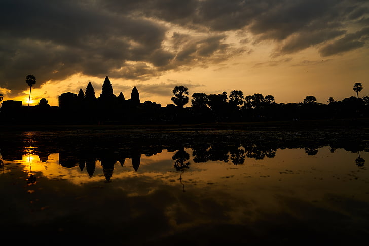 Kambodža, v Siem Reapu, na, staré, východ slunce, Solární, reflexe
