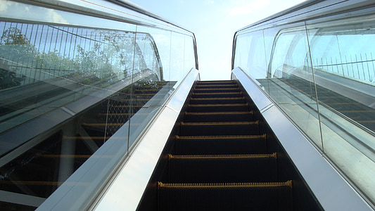 escalator, metal, sky, glass, iron, moving, transport