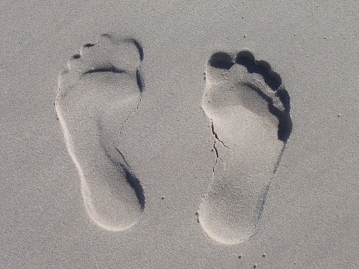 footmarks, voetafdrukken, zand, voetafdruk, strand, menselijke voet, bijhouden - Impressum