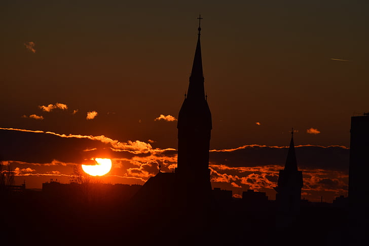 Budapest, solnedgång, kyrkan, på kvällen, molnet, dagen s