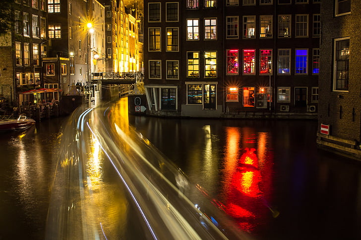 Amsterdam, Canal, natt, ljus, reflektioner, rörelse, vatten