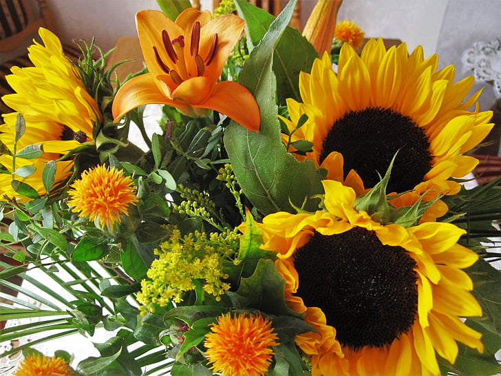 autumn bouquet, autumn flowers, sunflower, lilies, yellow orange, autumn decoration, decoration