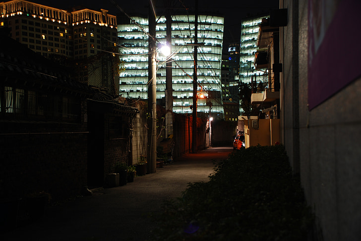 alley, nighttime, lamp, empty street, urban, street