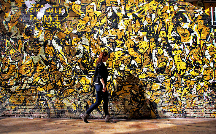 yellow, women, girl, street, graffiti, old, wall