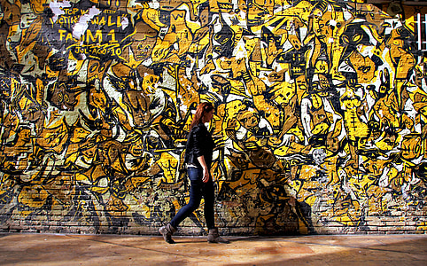 geltona, Moterys, mergaitė, gatvė, grafiti, senas, sienos