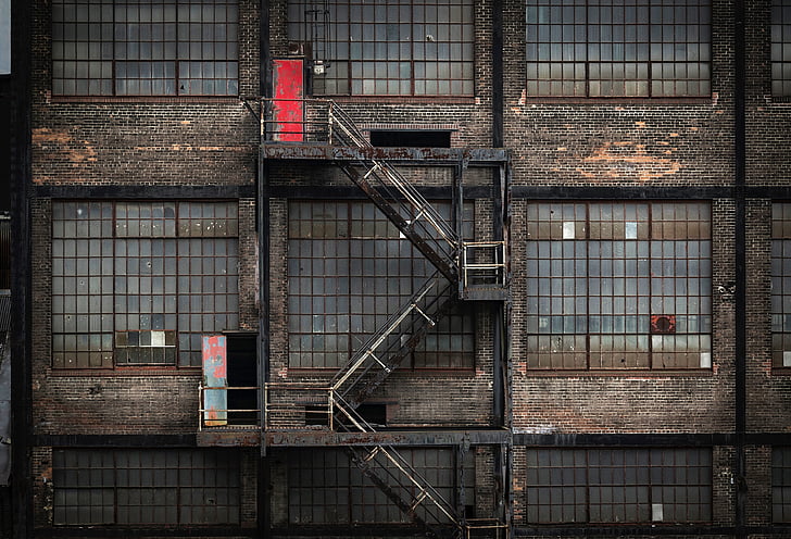 factory, building, abandoned, fire escape, architecture, old, rundown