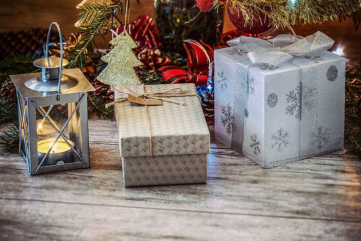 Karácsony, ajándék, doboz, fák, dekor, dísztárgyak, gyertya