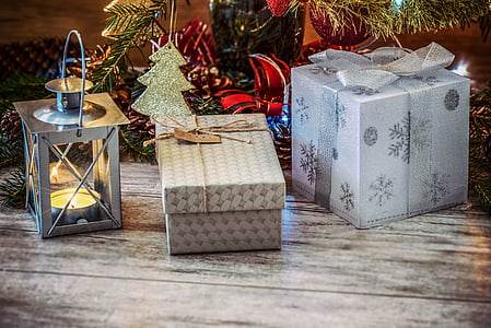 Weihnachten, Geschenk, Box, Bäume, Dekor, Ornamente, Kerze