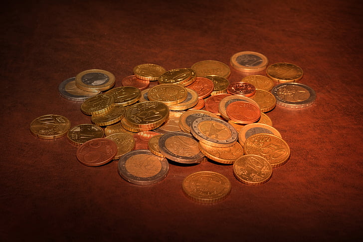 pengar, mynt, euro, lösa förändring, metall pengar, specie, belysning