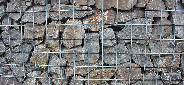 Wand, Steinmauer, Steinen, Naturstein, grau, Metall, Draht