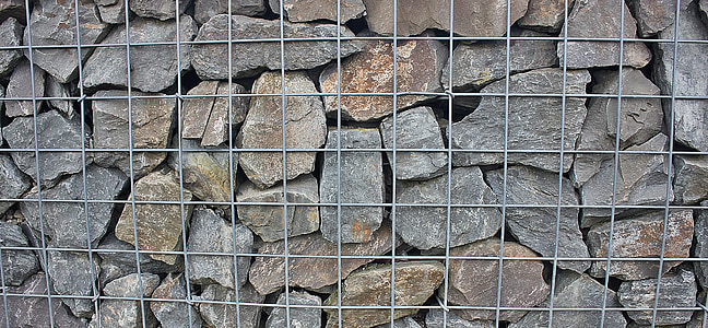 ściana, kamienny mur, kamienie, kamień naturalny, szary, metalu, drutu
