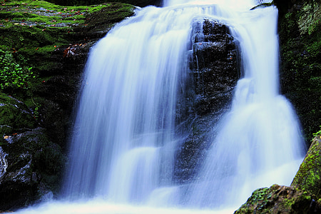 waterfall, river, flowing water, rock, moss