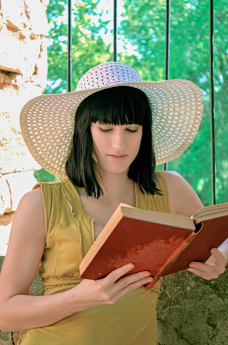 Dziewczyna, czytanie, młody, książki, Natura, kapelusz, portret